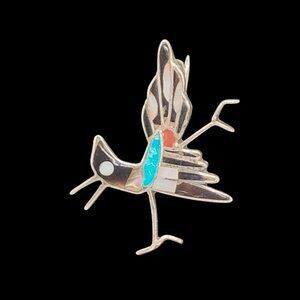 Vtg Zuni Inlay Roadrunner Brooch Pin Silver Onyx Turquoise Coral Mother O Pearl